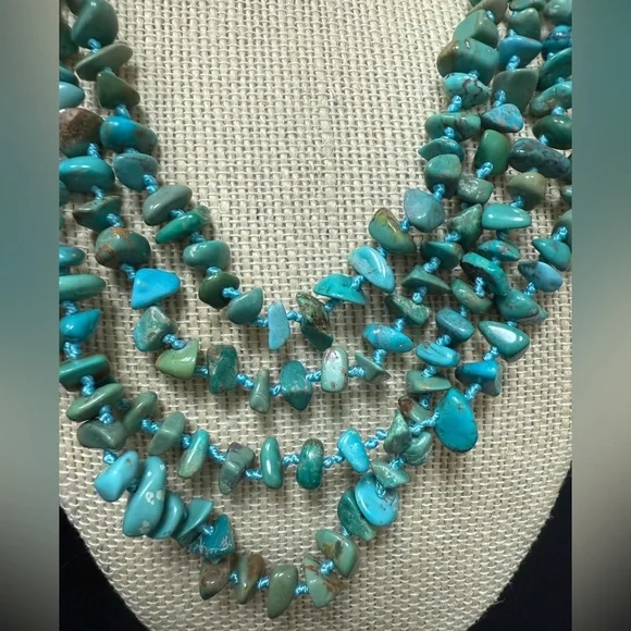 SX 925 Sterling Silver Necklace Turquoise Nugget Hand Knotted Toggle Clasp 82”L